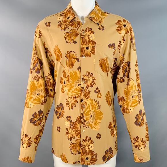 M Brown Tan Floral One Pocket Oversized Long Sleeve Shirt